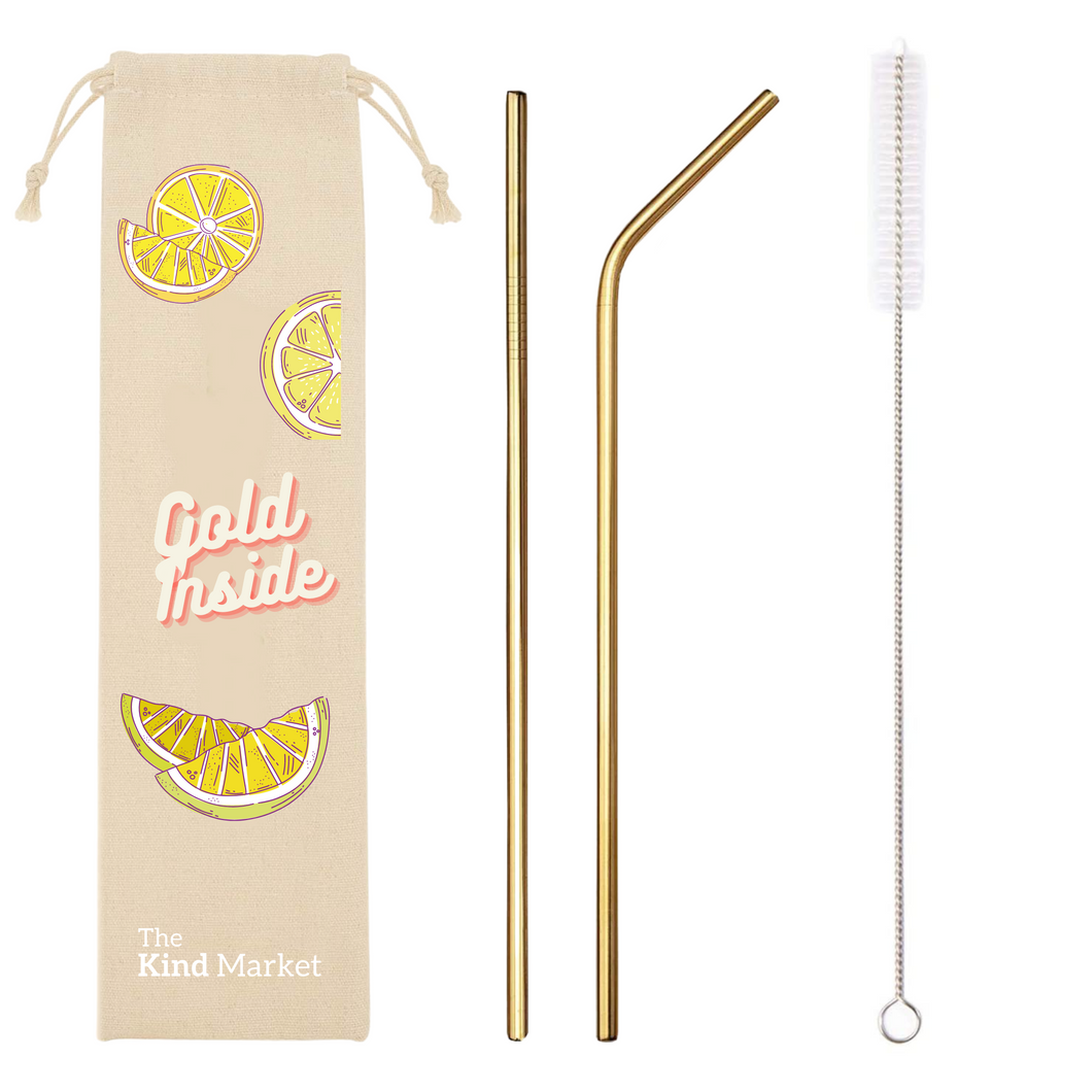 Reusable Stainless Steel Straw Set, Gold